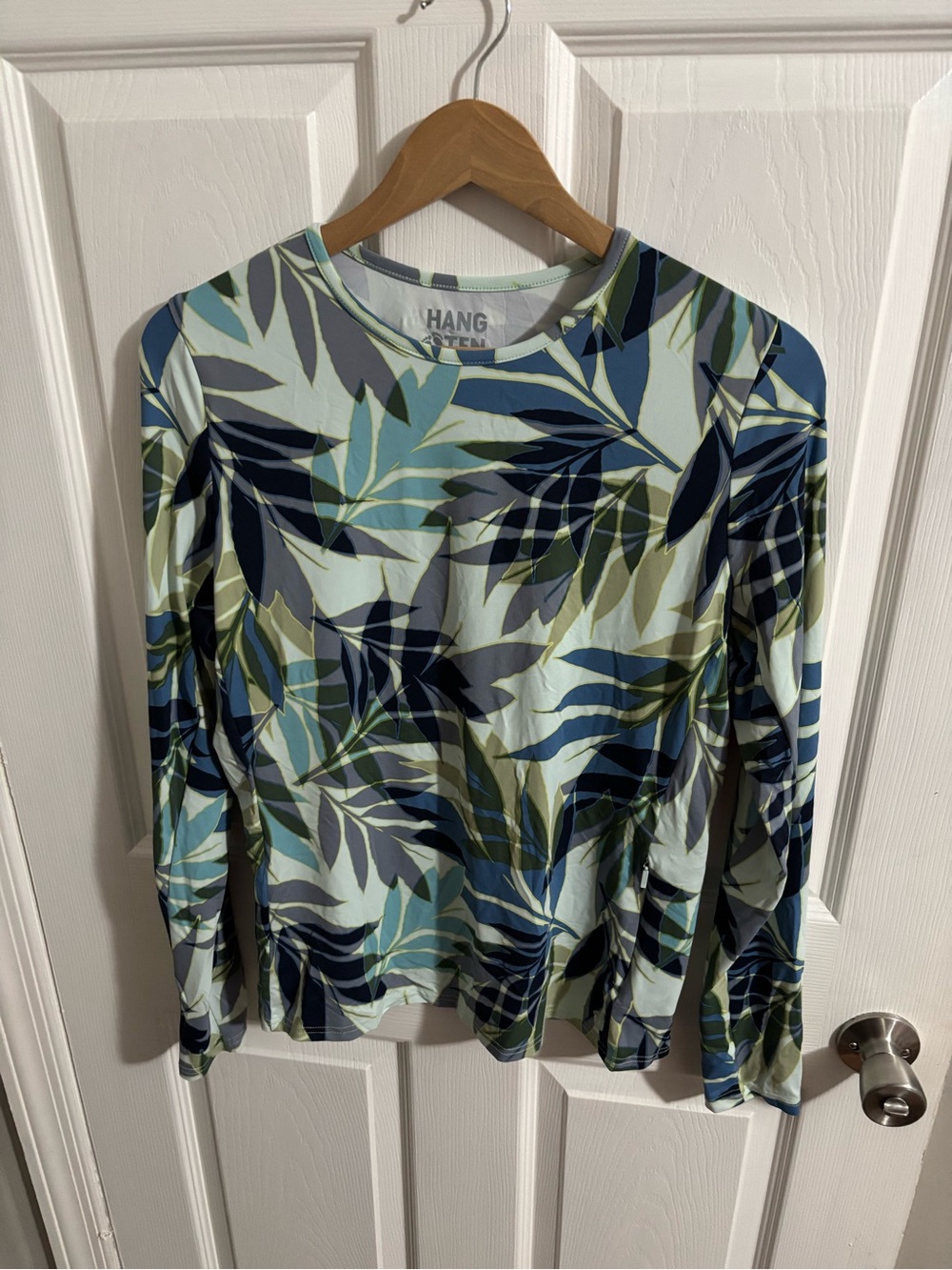 Hang Ten Light Blue & Navy Leaf-Print Long Sleeve Rash-guard